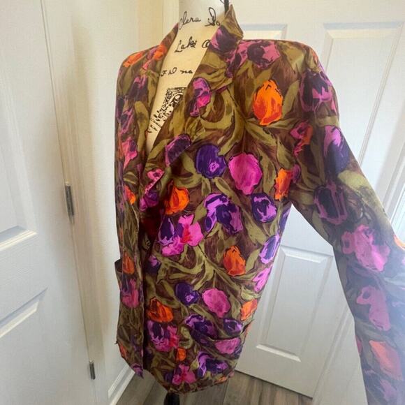 VINTAGE 80’s UNGARO TER BLAZER 100% SILK SZ 8 FLORAL CHIC PREPPY ECLECTIC STYLE - Picture 13 of 16